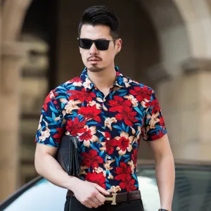 Abstract High Contrast Floral Pattern Color Men Short Sleeves Shirt
