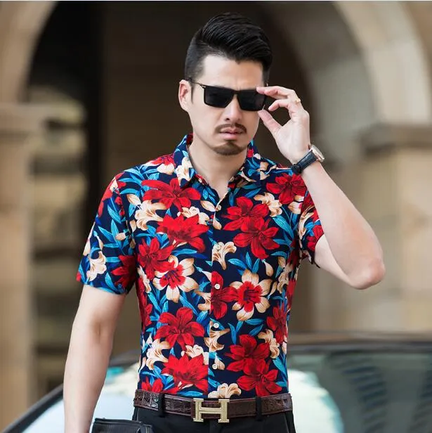 Abstract High Contrast Floral Pattern Color Men Short Sleeves Shirt