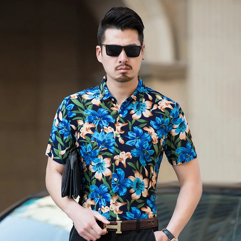Abstract High Contrast Floral Pattern Color Men Short Sleeves Shirt