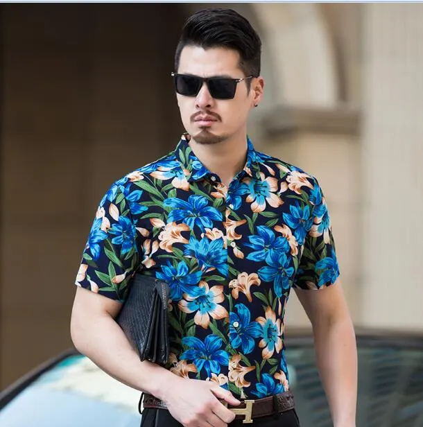 Abstract High Contrast Floral Pattern Color Men Short Sleeves Shirt