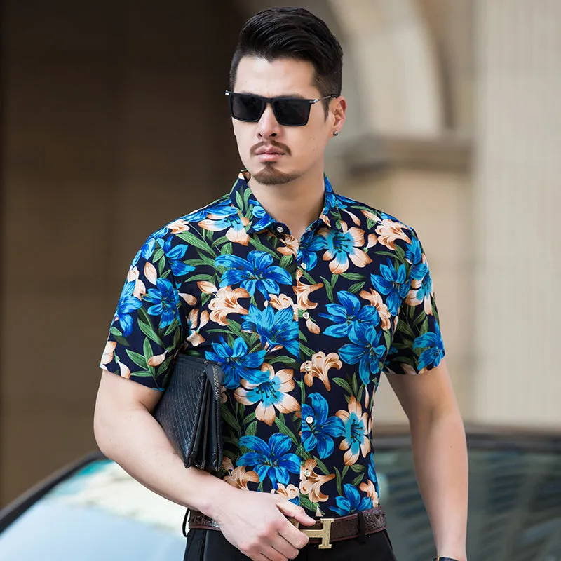 Abstract High Contrast Floral Pattern Color Men Short Sleeves Shirt