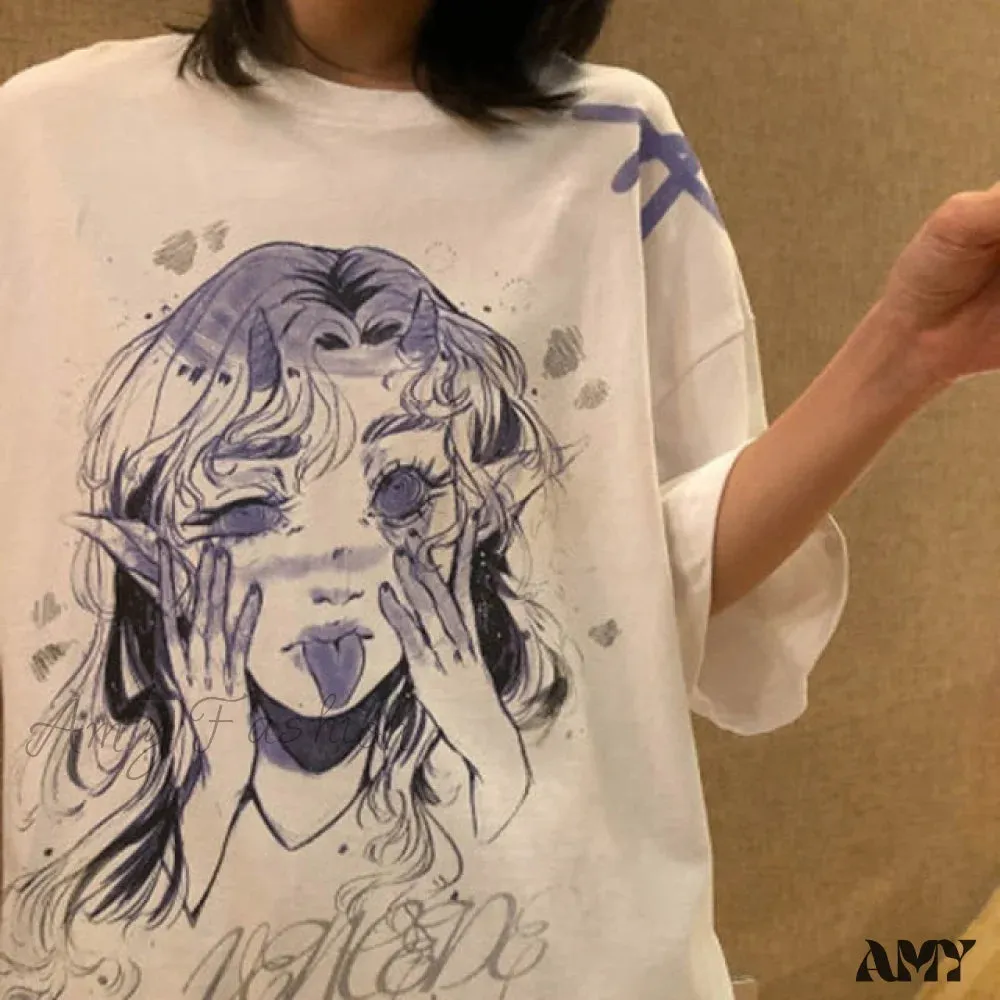 Amy Fashion - White Cartoon Female Kawaii Tops Tee