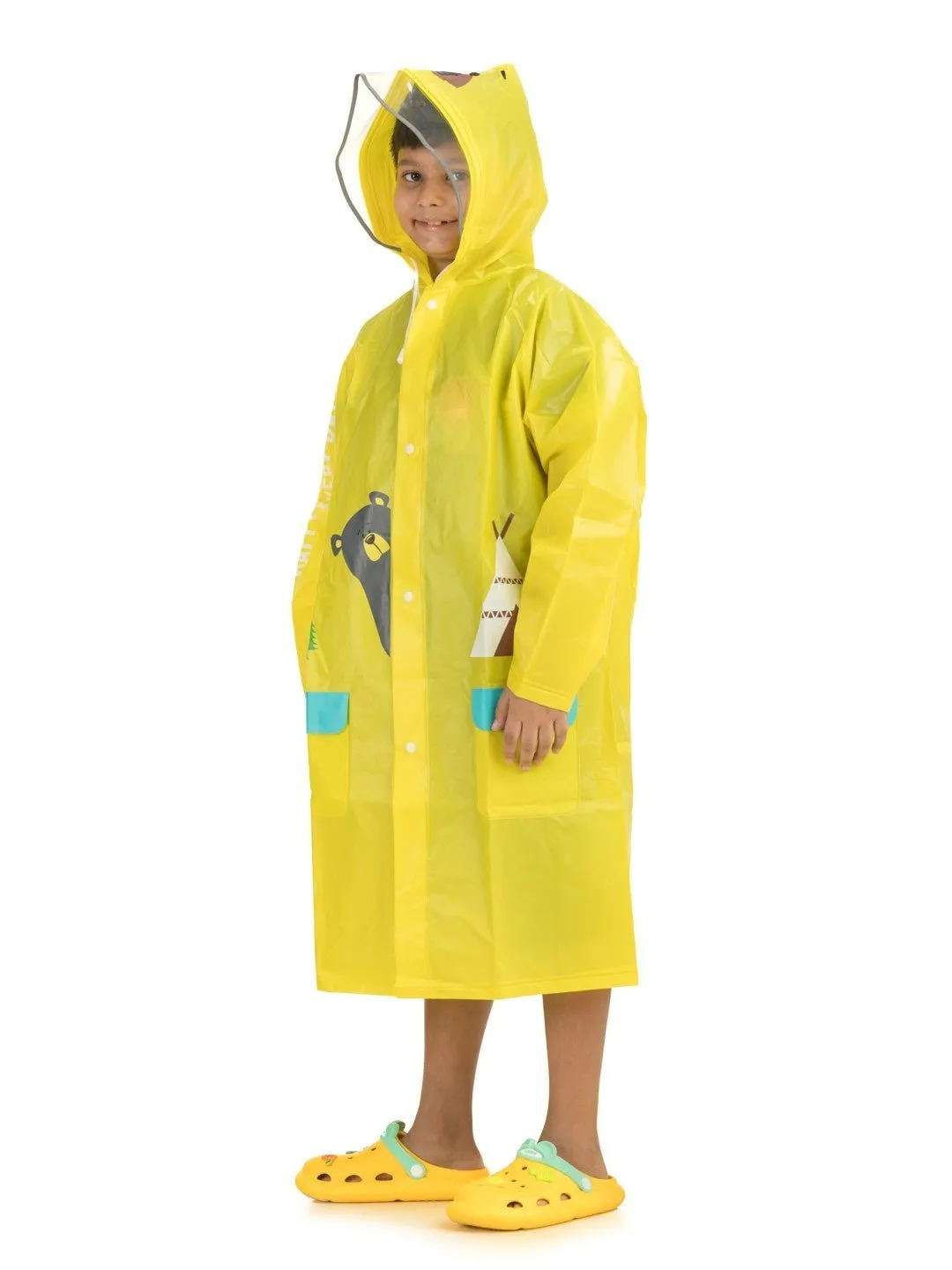 Boys' Yellow Adventure Raincoat with Bear Hood and Playful Prints