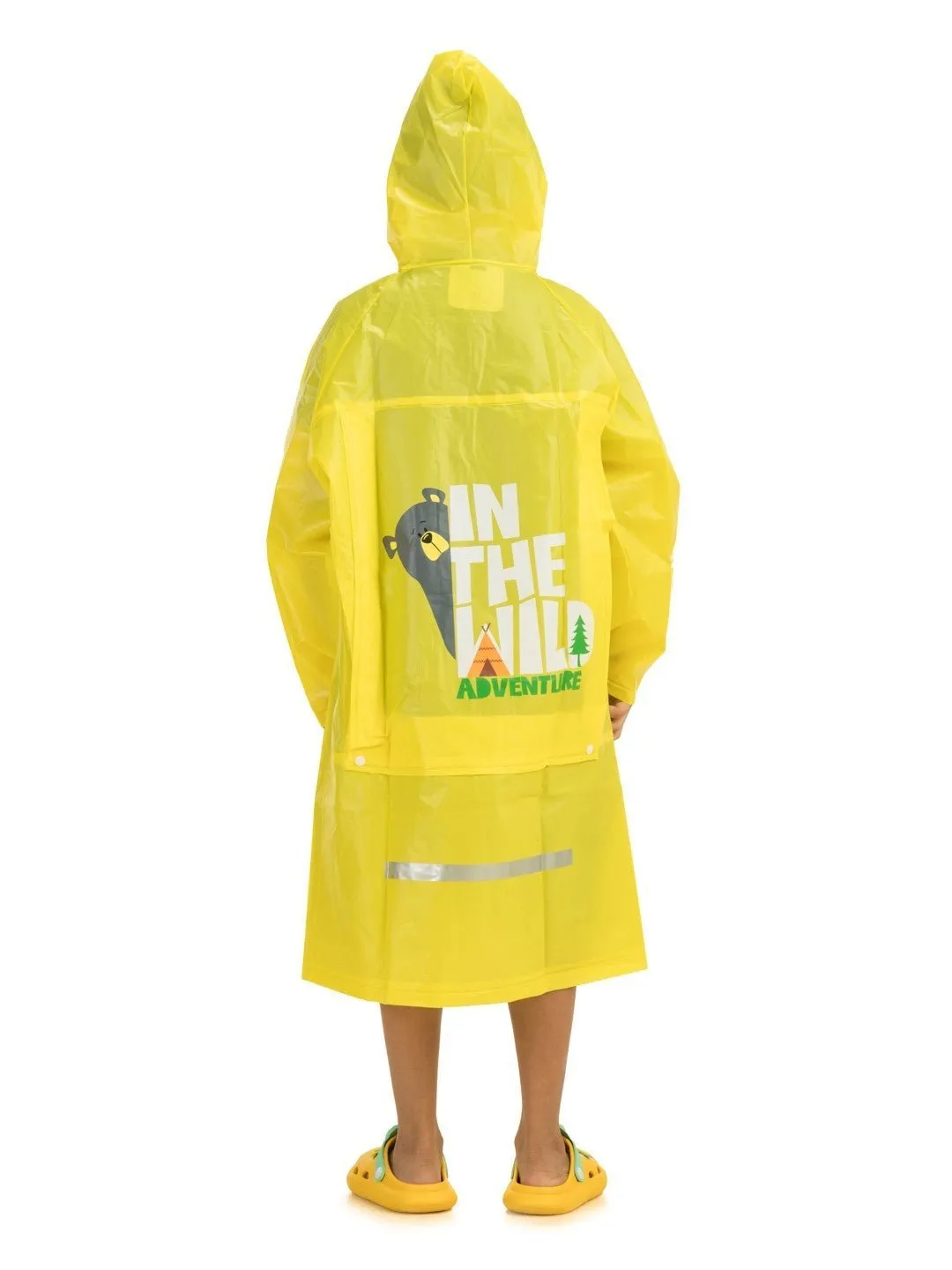 Boys' Yellow Adventure Raincoat with Bear Hood and Playful Prints