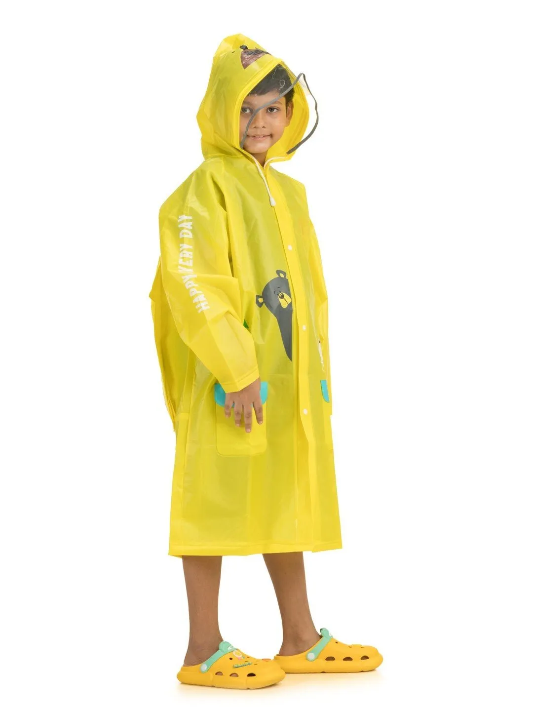 Boys' Yellow Adventure Raincoat with Bear Hood and Playful Prints
