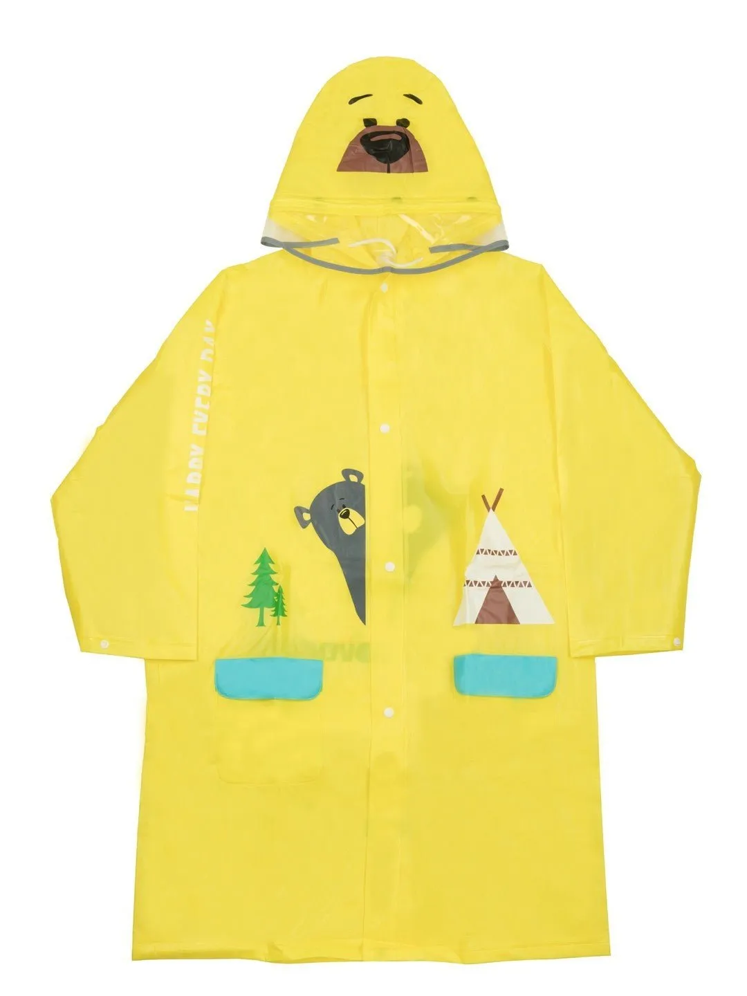 Boys' Yellow Adventure Raincoat with Bear Hood and Playful Prints