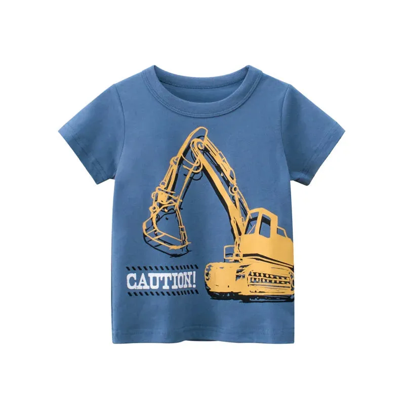 Cartoon Excavator Boys Sets Children's Clothing Fashion Short Sleeve Cotton Tops Sport Shorts Kid Outfit 2PCS