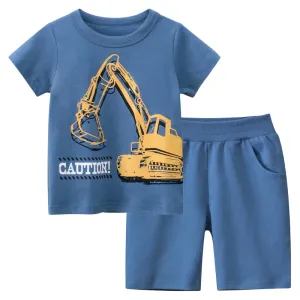 Cartoon Excavator Boys Sets Children's Clothing Fashion Short Sleeve Cotton Tops Sport Shorts Kid Outfit 2PCS