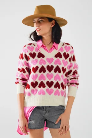 Cozy White Sweater With Pink Hearts