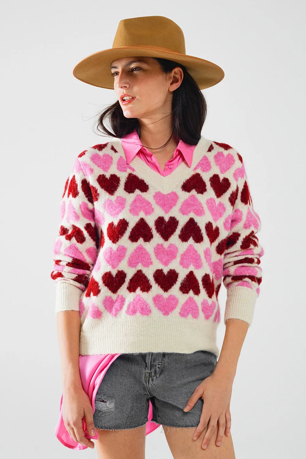 Cozy White Sweater With Pink Hearts