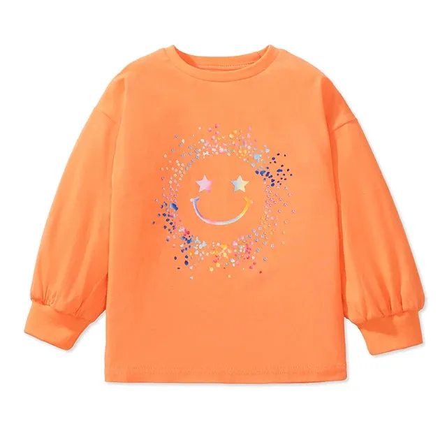 Fall Spring Tops Children's Clothing Kids Clothes Baby Girls Cartoon Stars Smile Face T-shirts Cotton