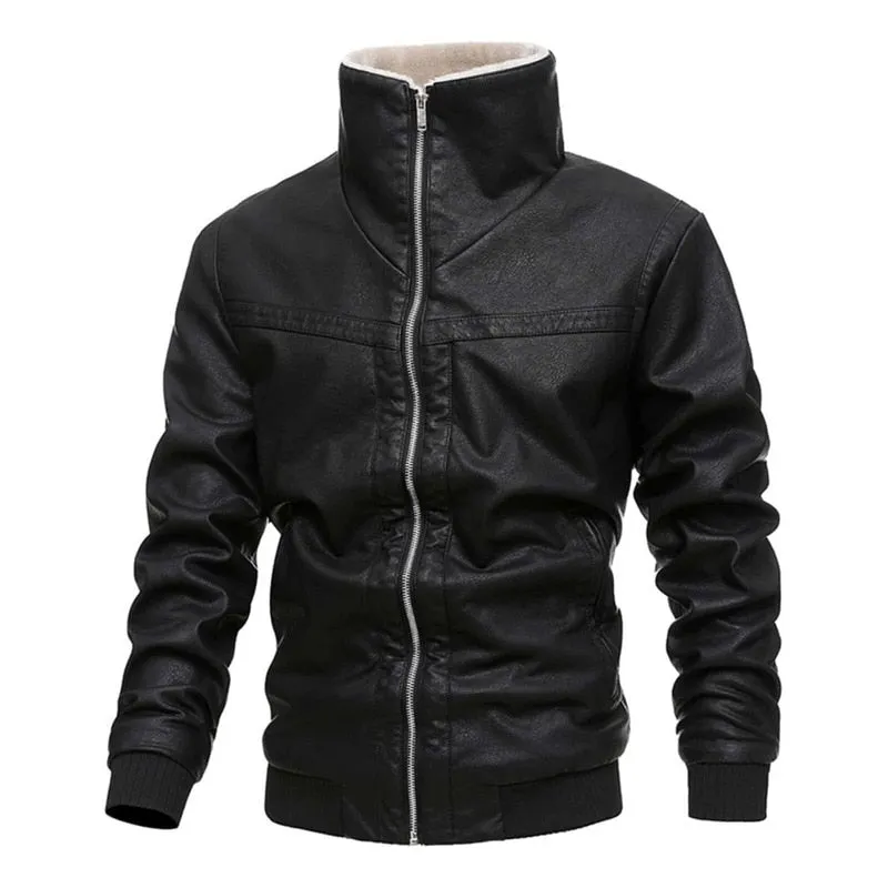 Fleece Fur PU Leather Bomber Jacket Winter Fashion Laple Zipper Straight Hem F