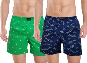 Fluro Green Navy Fish Cotton Printed Funky Boxers