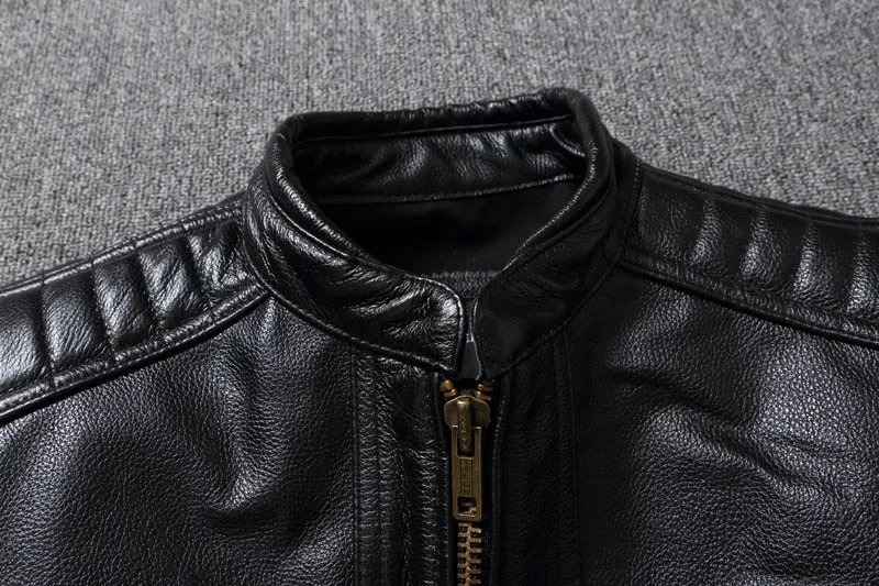 Men's Natural Leather Jackets 100% Top Layer Cowhide Vintage Stand Collar Pilot Jacket