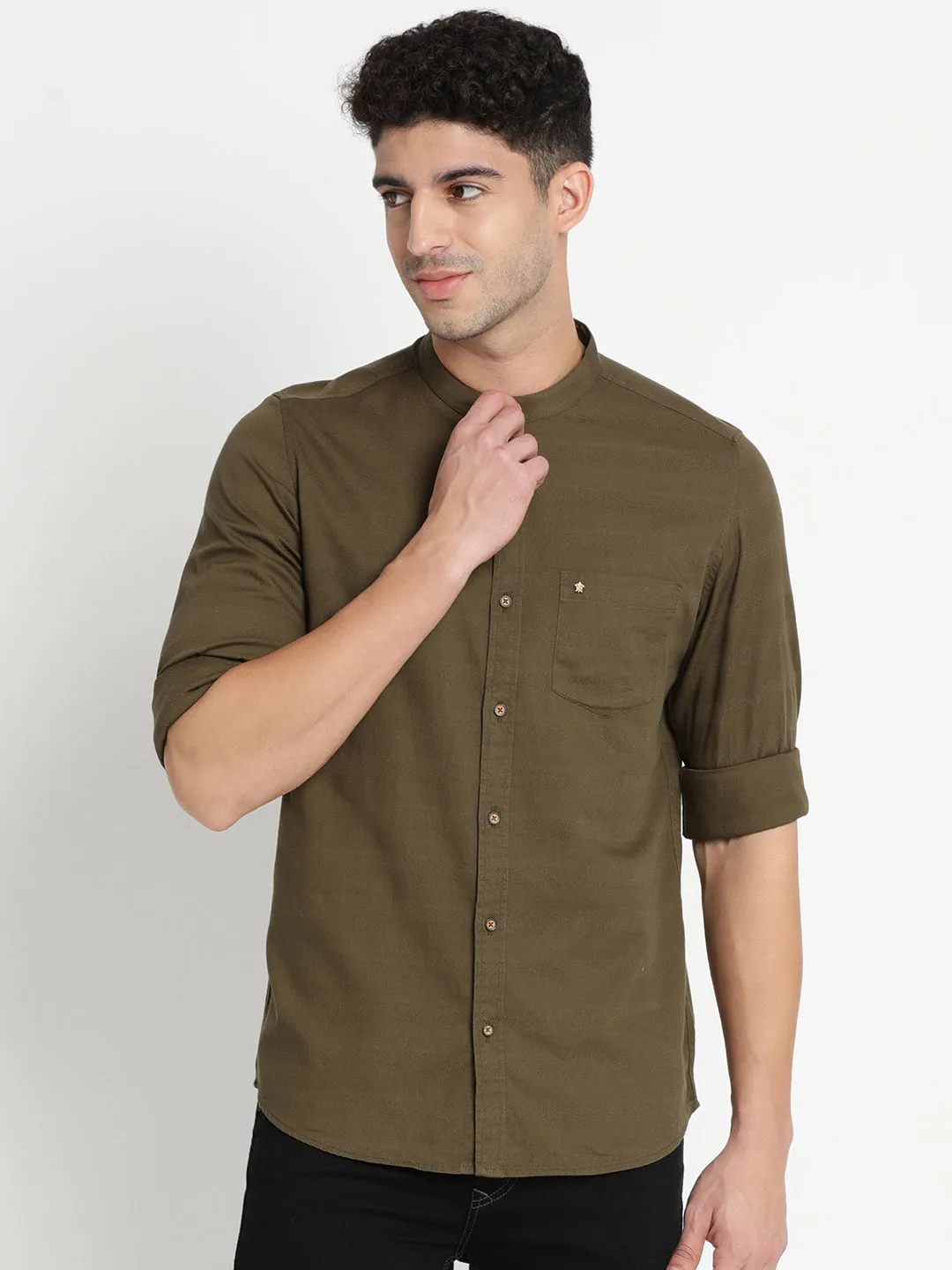 Olive Cotton Self Design Slim Fit Casual Shirts