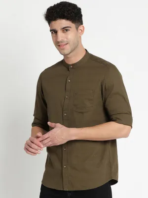 Olive Cotton Self Design Slim Fit Casual Shirts