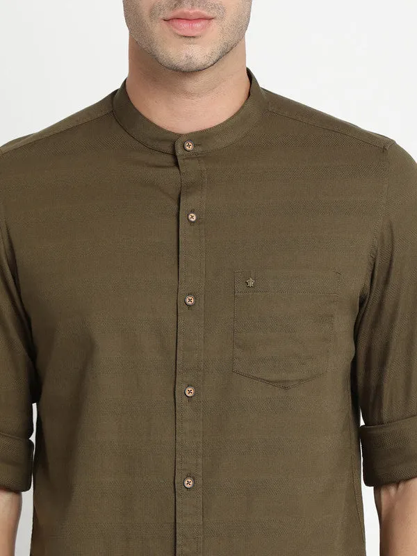 Olive Cotton Self Design Slim Fit Casual Shirts