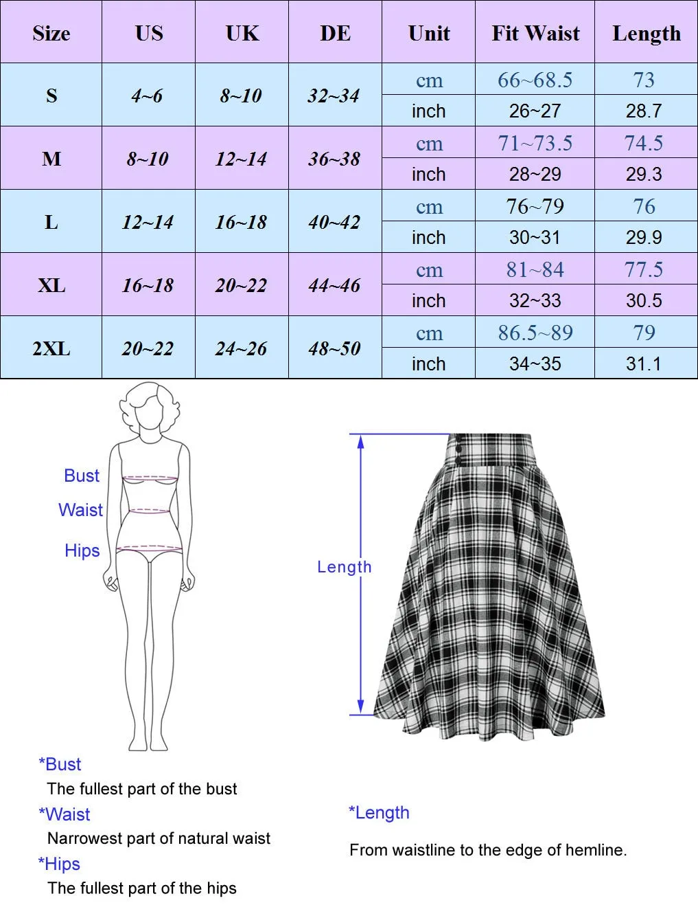 Plaided Skirt High Waist Buttons Decorated Flared A-Line With Open Side-seam Pockets Flared A-Line Silhou
