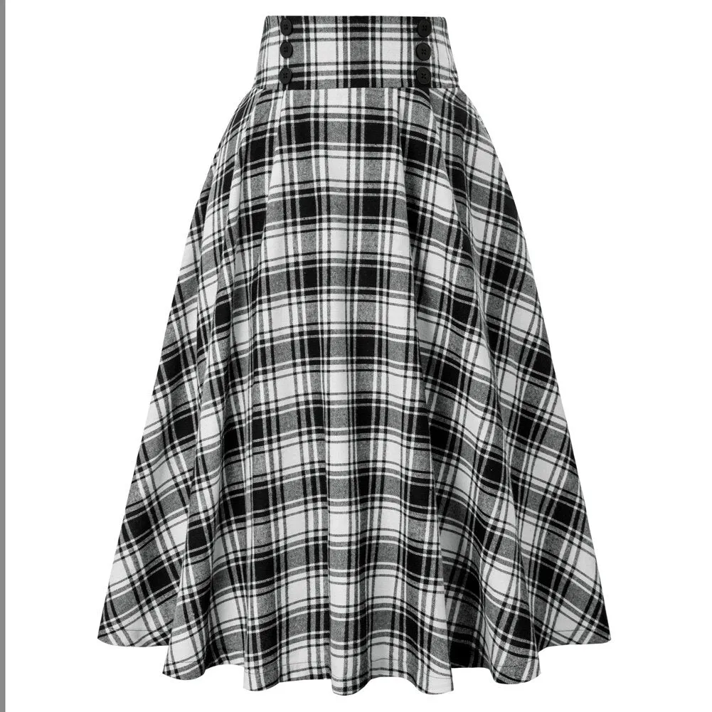 Plaided Skirt High Waist Buttons Decorated Flared A-Line With Open Side-seam Pockets Flared A-Line Silhou