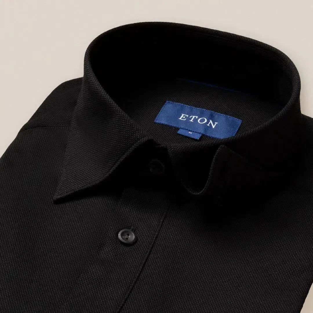 Slim Fit Black Knitted Short Sleeve Shirt