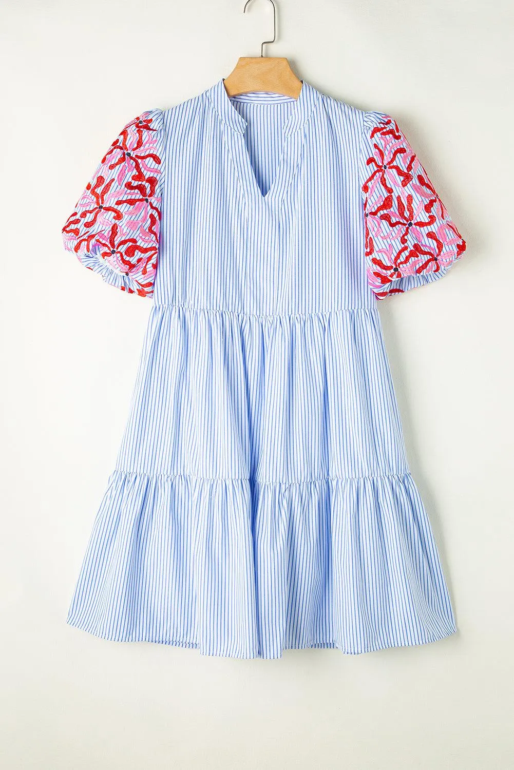 Stripe Blue Multicolor Pink Floral Tier Dress