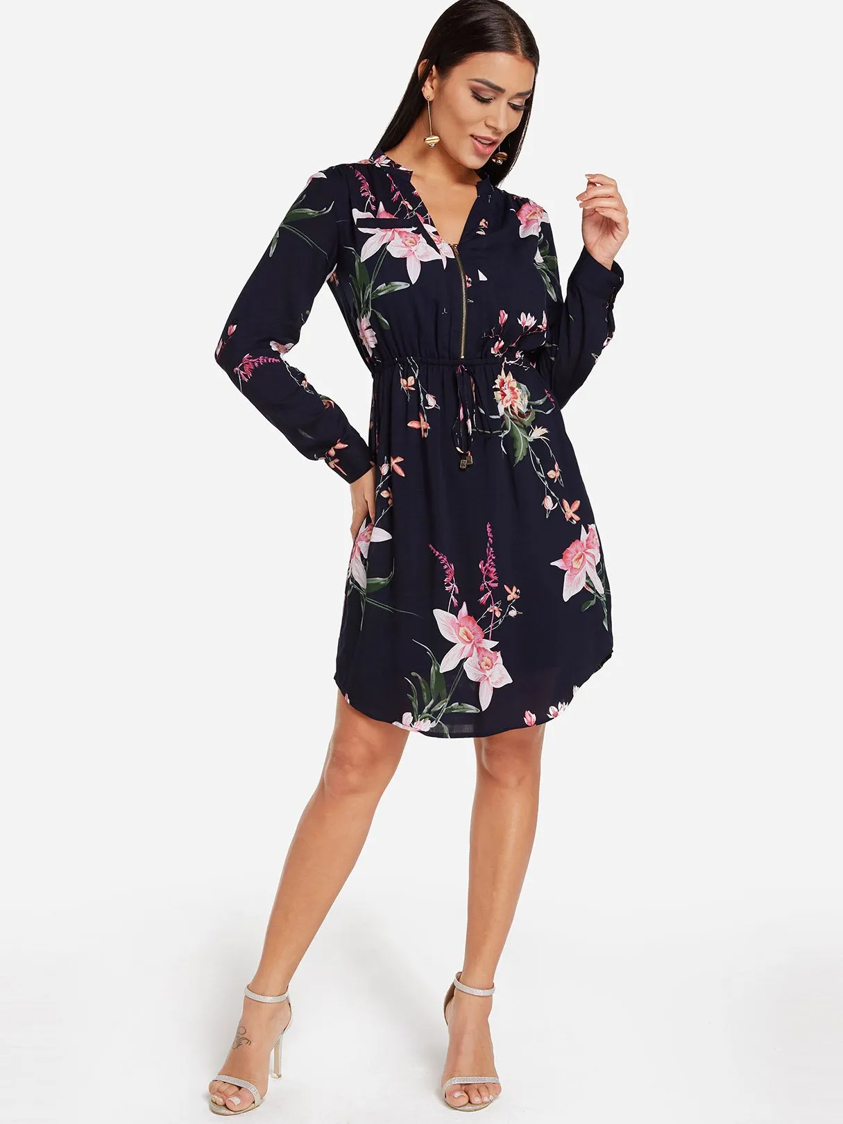 Wholesale Navy V-Neck Long Sleeve Floral Print Zip Back Side Pockets Curved Hem Dresses