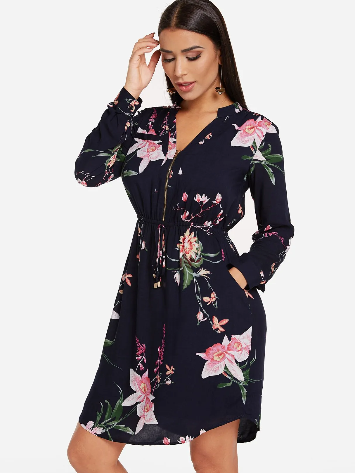 Wholesale Navy V-Neck Long Sleeve Floral Print Zip Back Side Pockets Curved Hem Dresses