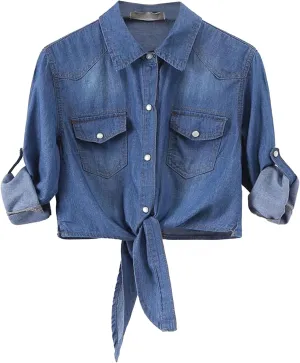 Womens 3/4 Sleeve Denim Tops Crop Shirts Tie Front Jean Shirts Light Blue Cardigan Summer Tops