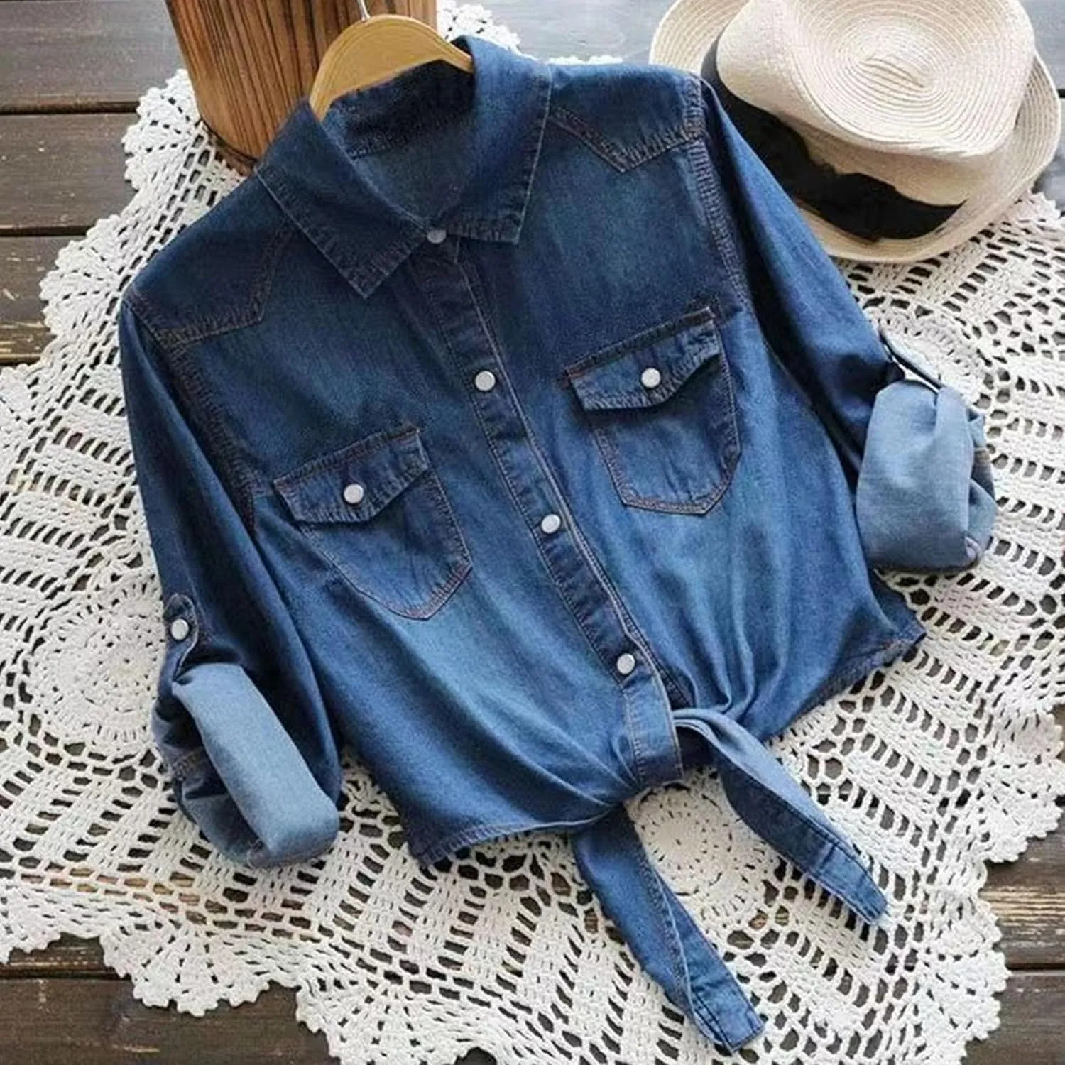 Womens 3/4 Sleeve Denim Tops Crop Shirts Tie Front Jean Shirts Light Blue Cardigan Summer Tops